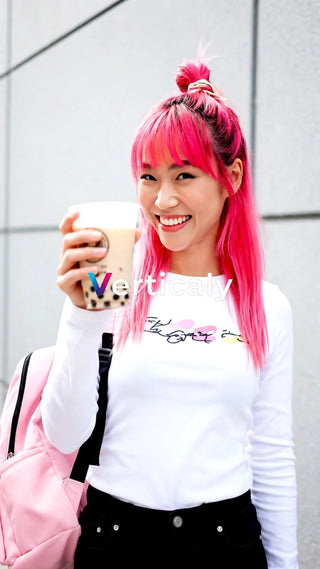 ピンク髪の女性とタピオカ