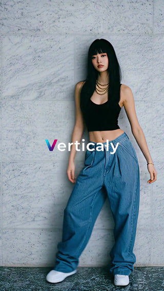 デニム姿の女性、都会を歩く