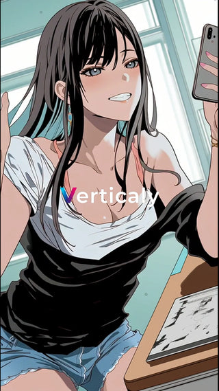 スマホで自撮り、笑顔の女性