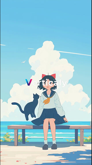 海辺で佇む少女と黒猫