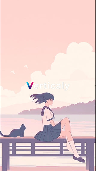 海辺で過ごす少女と黒猫