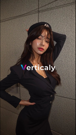 黒スーツの女性、ポーズを決めて