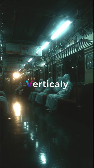 薄暗い車内、白装束の人々