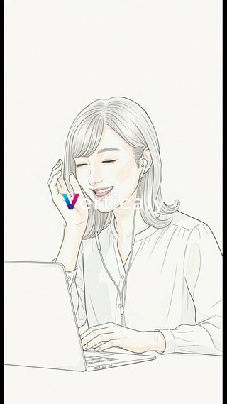 イヤホンで音楽、笑顔の女性