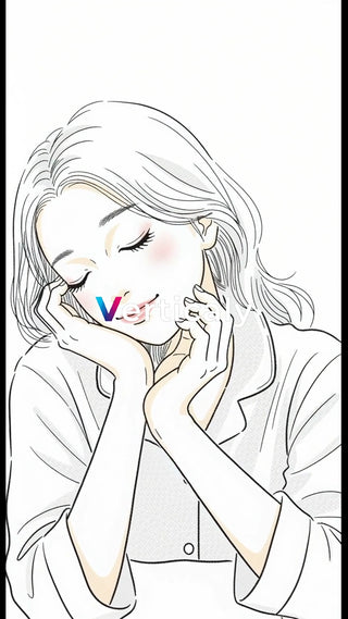 頬杖をつく女性、穏やかな表情