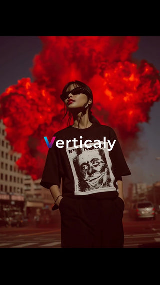 爆発を背景に立つ女性