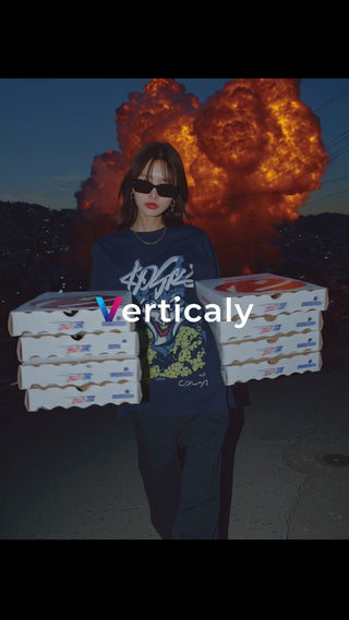 爆発を背にピザを運ぶ女性