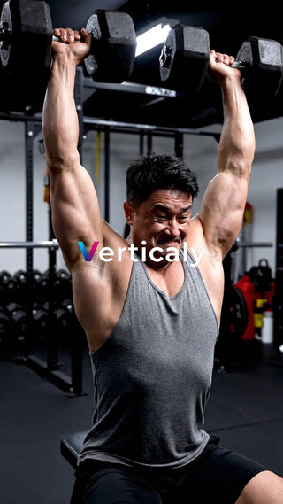 ダンベル上げる男性、力強く