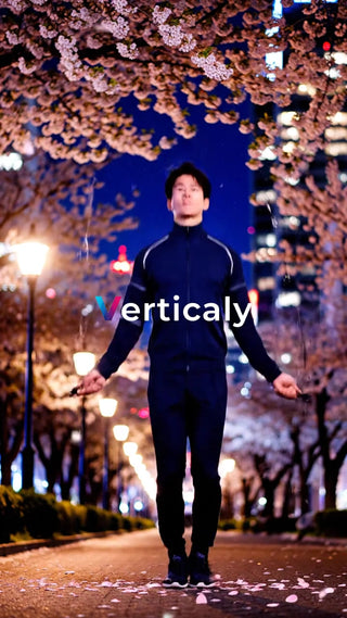 桜並木、跳び跳ねる男性