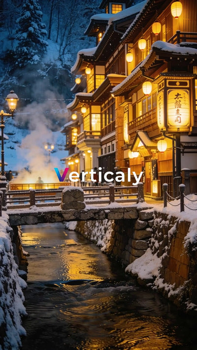 雪景色、温泉街の夜