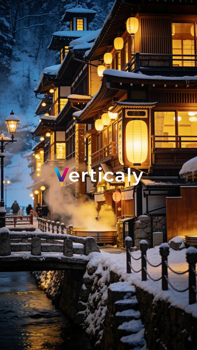 雪景色温泉街、夜の灯り