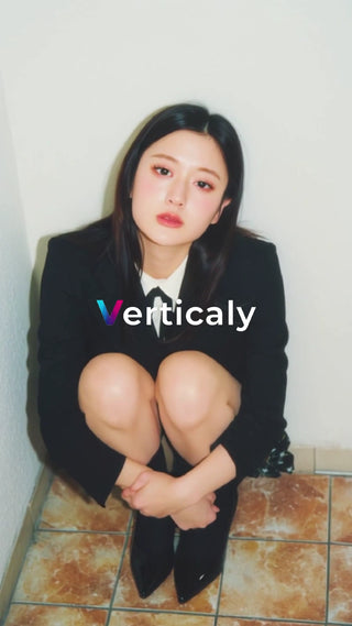 黒スーツの女性、しゃがむ