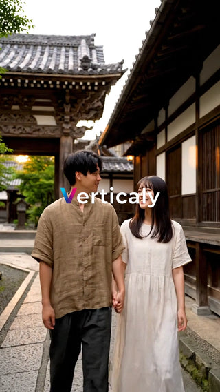 手をつなぎ歩く二人、古都散策