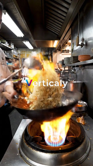 炎を上げる中華鍋、躍動感