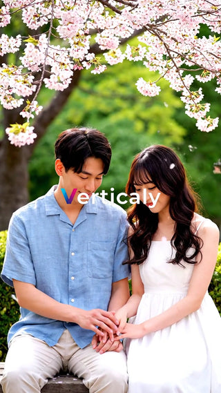 桜並木、手をつなぐ二人