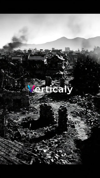 瓦礫の街、黒煙と夕焼け