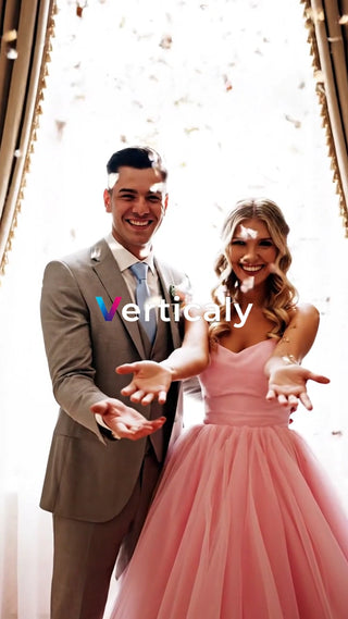 二人の笑顔、紙吹雪舞う