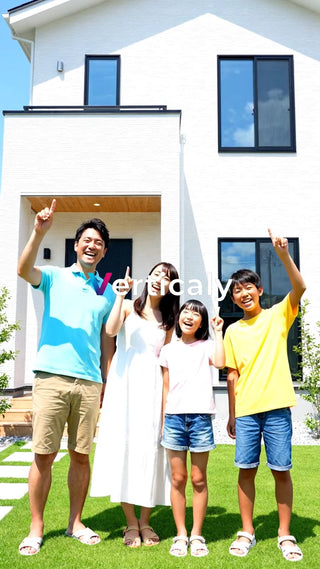 家族と新居、青空の下で