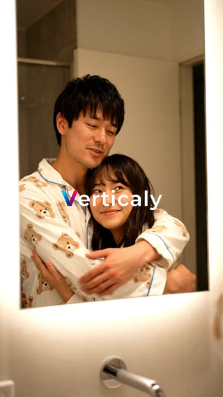 寄り添う二人、鏡越しの笑顔