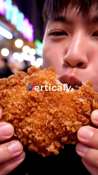 揚げ物を頬張る男性