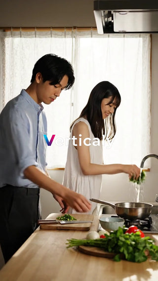 キッチンで料理、笑顔の二人