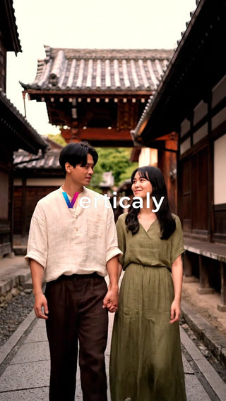 手をつなぐ二人、古都散策