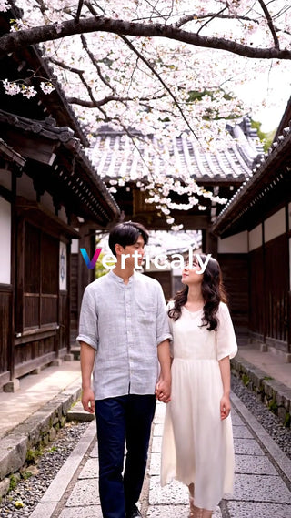 桜並木を歩く二人