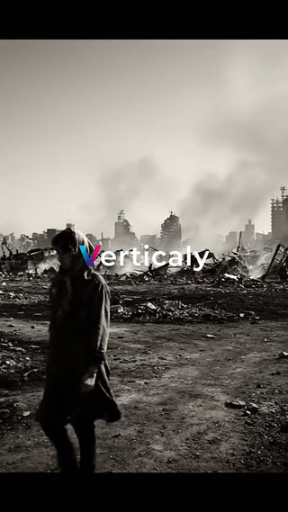 廃墟を歩く女性、モノクロ