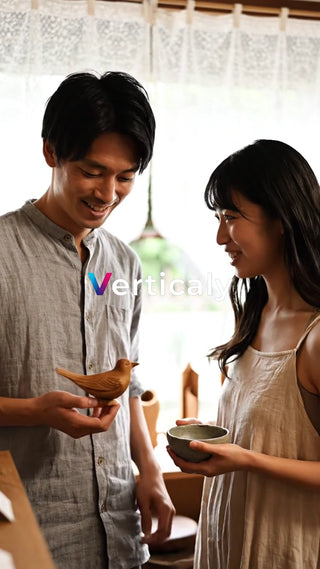 木彫りの鳥と女性、微笑む