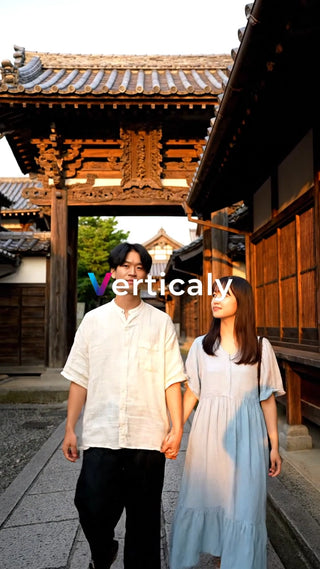 手をつなぐ二人、古都散策