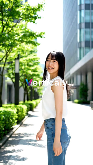 都会の道を歩く女性、笑顔で