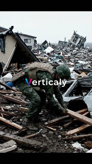 瓦礫の中、兵士の救助活動