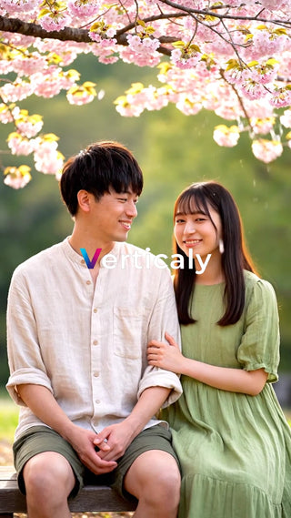 桜並木の下で寄り添う二人