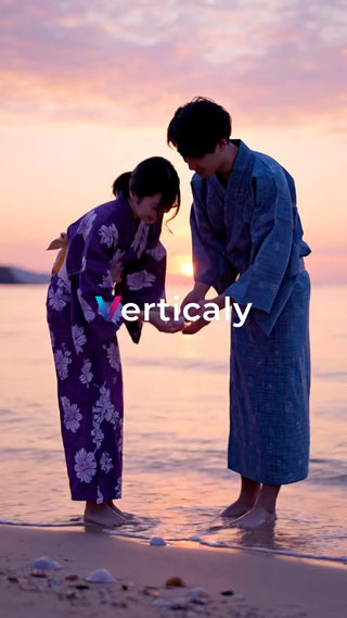 浜辺で語らう浴衣姿の二人