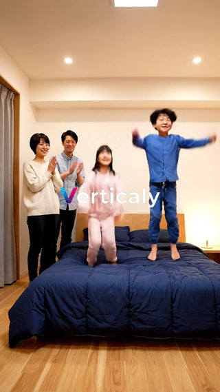 ベッドで家族とジャンプ