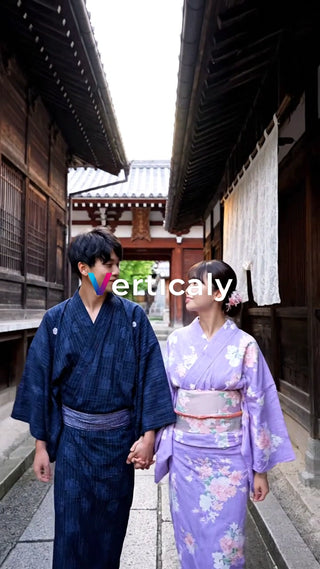 浴衣姿の二人、散歩道