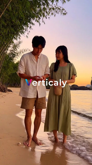 海辺を歩く二人、夕焼け空