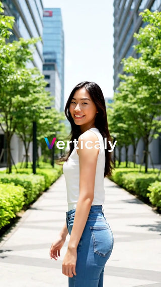 街並みを歩く女性、笑顔が眩しい