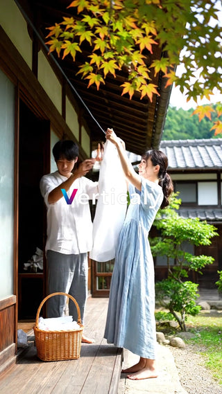 洗濯物を干す二人