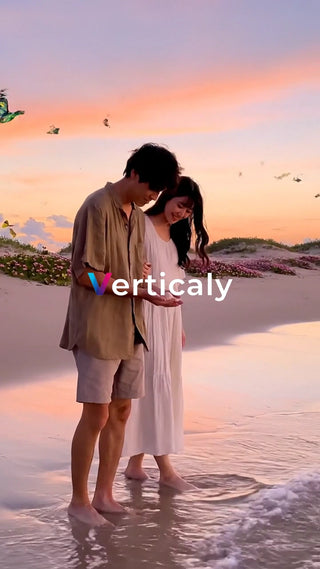 浜辺を歩く二人、夕焼け空