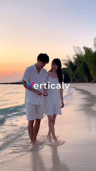 浜辺を歩く二人、夕焼け空