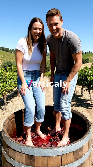 ブドウ踏みを楽しむ二人