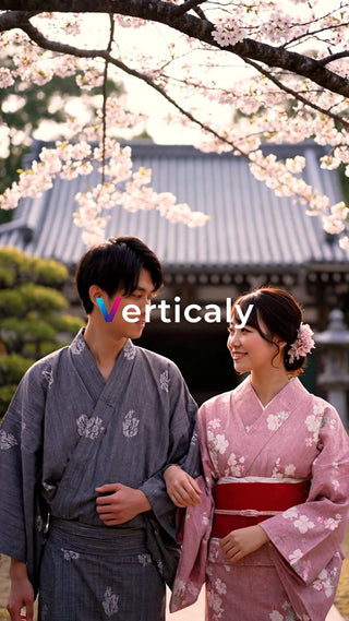 桜並木、浴衣姿の二人