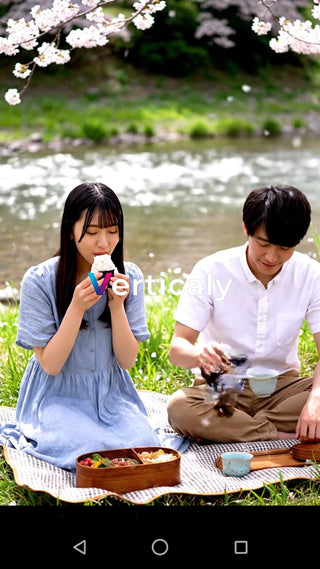 ピクニック、おにぎりを頬張る