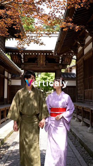 着物姿の二人、散歩道