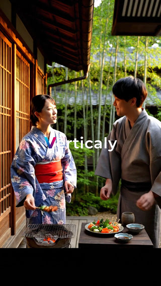 浴衣姿、炭火焼を楽しむ