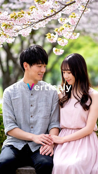 桜並木、寄り添う二人