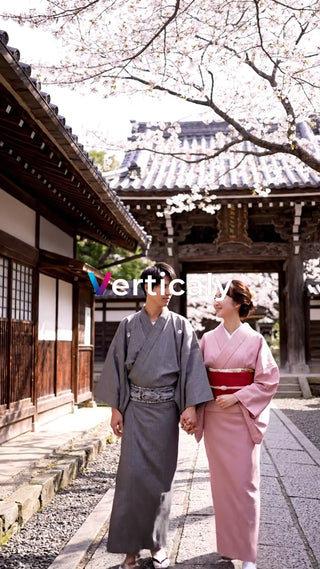 桜並木を歩く、着物姿の二人