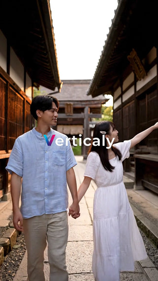 手をつなぐ二人、古都散策