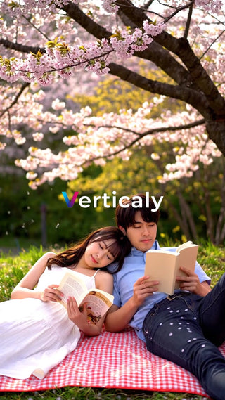 桜並木、読書を楽しむ二人